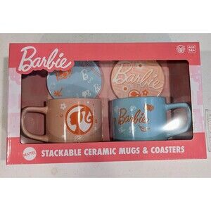 Barbie Stackable Ceramic Mugs & Coasters Set Pink/Blue – New in Box